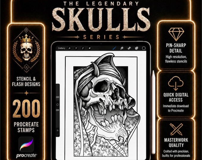 Legendary Skulls Tattoo Bundle | 200 Procreate Stamps | Skull Stencil & Flash Designs | Tattoo Artist Pack for iPad Procreate