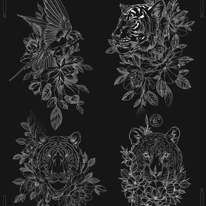 May include: Four black and white line art illustrations of a tiger and flowers. The top left image is a bird with flowers. The top right image is a tiger's head with flowers. The bottom left image is a tiger's head with flowers. The bottom right image is a tiger's head with flowers and a moon.