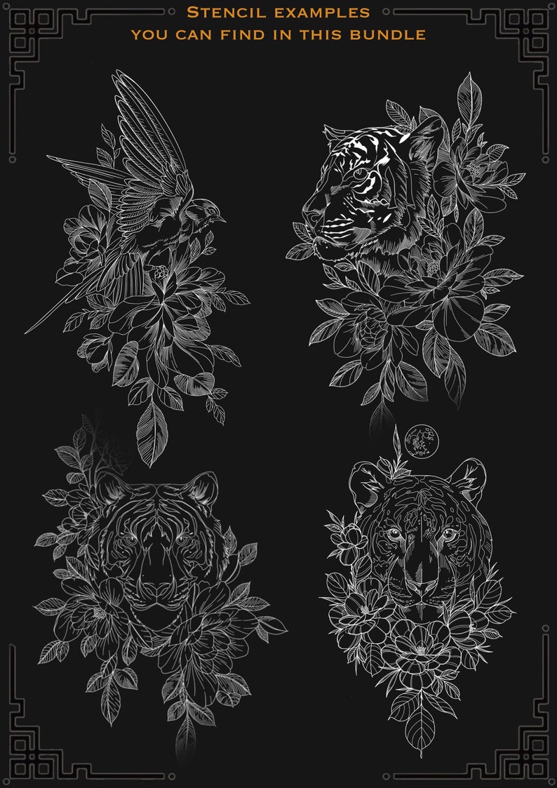 May include: Four black and white line art illustrations of a tiger and flowers. The top left image is a bird with flowers. The top right image is a tiger's head with flowers. The bottom left image is a tiger's head with flowers. The bottom right image is a tiger's head with flowers and a moon.