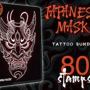 80 Japanese Mask Tattoo Stencils | Procreate Brushset | High-Resolution, Unique Designs | Digital Download for Tattoo Artist
