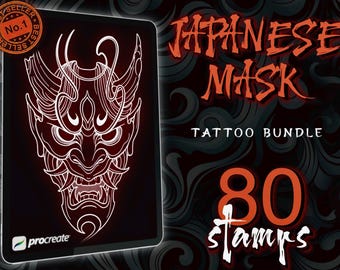 Japanese Mask Tattoo Stencils: Procreate Brushset (Digital Download, 80 Designs)