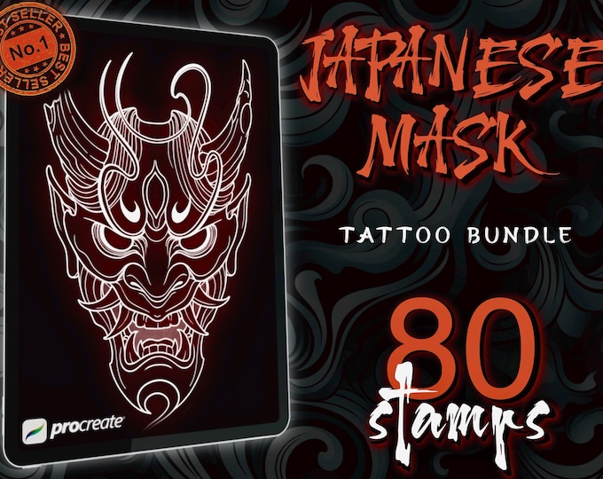 80 Japanese Mask Tattoo Stencils | Procreate Brushset | High-Resolution, Unique Designs | Digital Download for Tattoo Artist