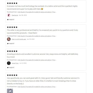 May include: Screenshots of four customer reviews for a product on a website. The reviews are all positive and praise the product's quality, customer service, and ease of use. The reviews are from different customers and include their names and dates of purchase.