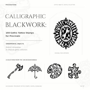 May include: A digital collection of 100 blackwork tattoo stamps for Procreate titled Calligraphic Blackwork. The image displays a central ornate oval frame design and four smaller icons including an axe, umbrella, palette, and puzzle piece.