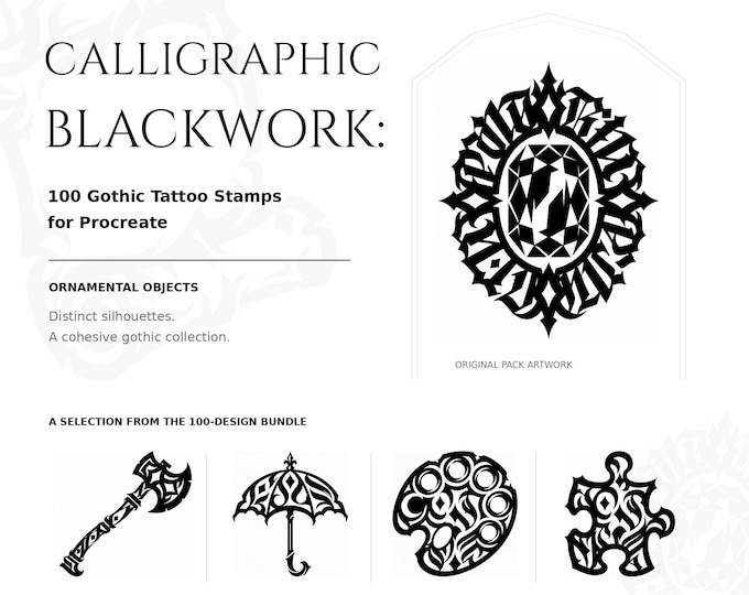 Calligraphic Blackwork: 100 Gothic Tattoo Stamps for Procreate