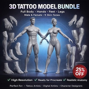 3Dタトゥーモデルバンドル：全身、手、足 - Procreate