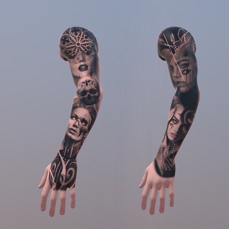 May include: Two arms with detailed black and gray tattoos. The tattoos feature faces, skulls, and geometric designs.