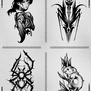 May include: A grayscale illustration featuring examples of tattoo designs. The designs include an anime-style character, an abstract shape, a spider-like design, and a mouse with leaves. The text "EXAMPLES YOU CAN FIND IN THIS PACK" is at the top.