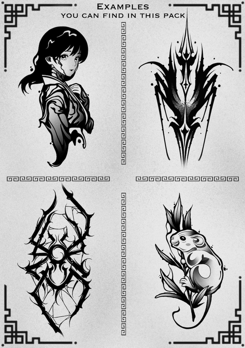 May include: A grayscale illustration featuring examples of tattoo designs. The designs include an anime-style character, an abstract shape, a spider-like design, and a mouse with leaves. The text "EXAMPLES YOU CAN FIND IN THIS PACK" is at the top.
