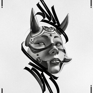 May include: Black and white illustration of a woman's face with horns and a futuristic helmet. The image is surrounded by black lines and shapes.