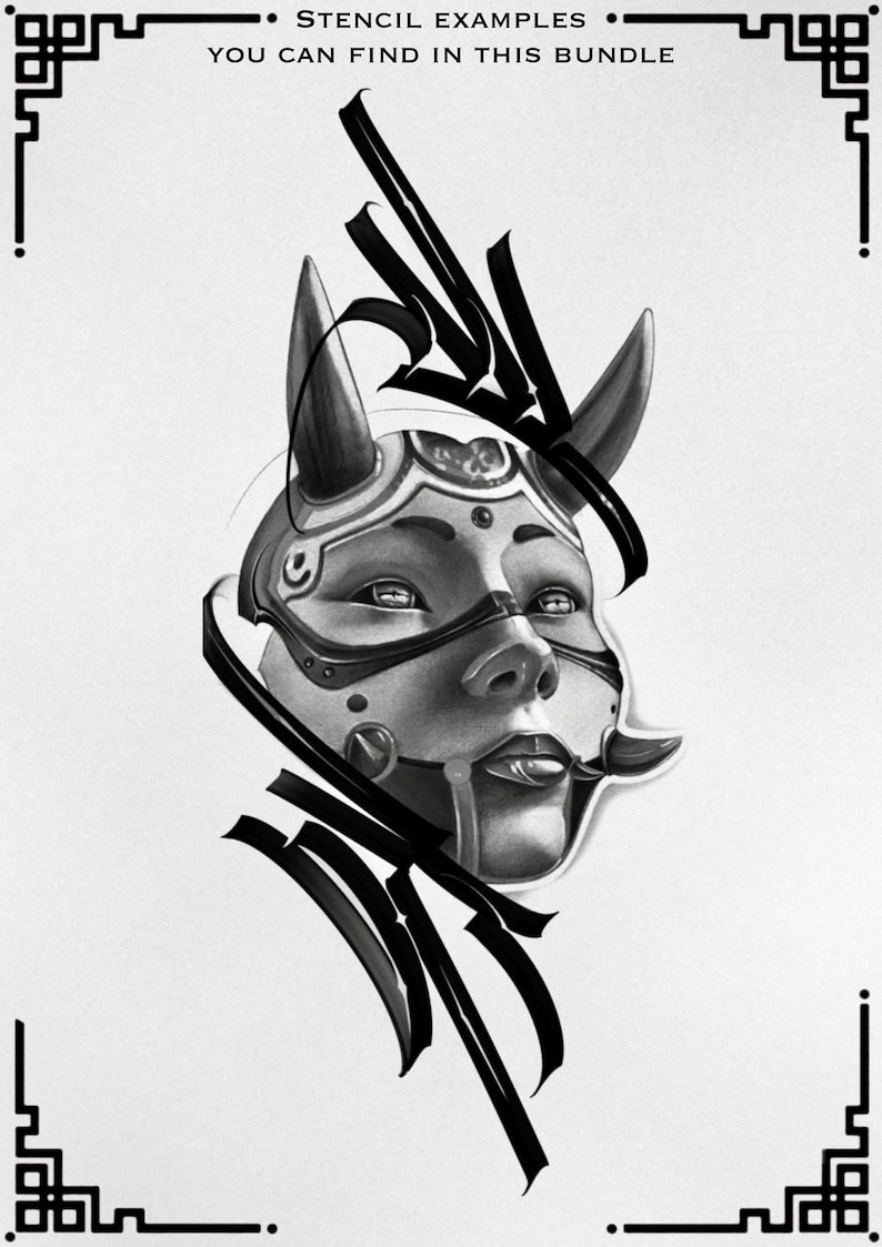 May include: Black and white illustration of a woman's face with horns and a futuristic helmet. The image is surrounded by black lines and shapes.