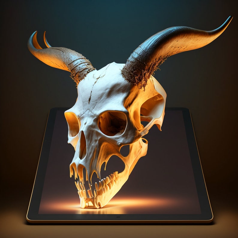 May include: A white animal skull with large horns, set against a dark blue background, appears to be floating above a black tablet.