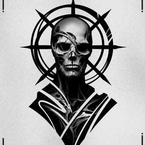 May include: Black and white illustration of a skull with a detailed design. The skull is centered, surrounded by a circular design with spikes, and set against a light background. The text "EXAMPLES YOU CAN FIND IN THIS PACK" is at the top.