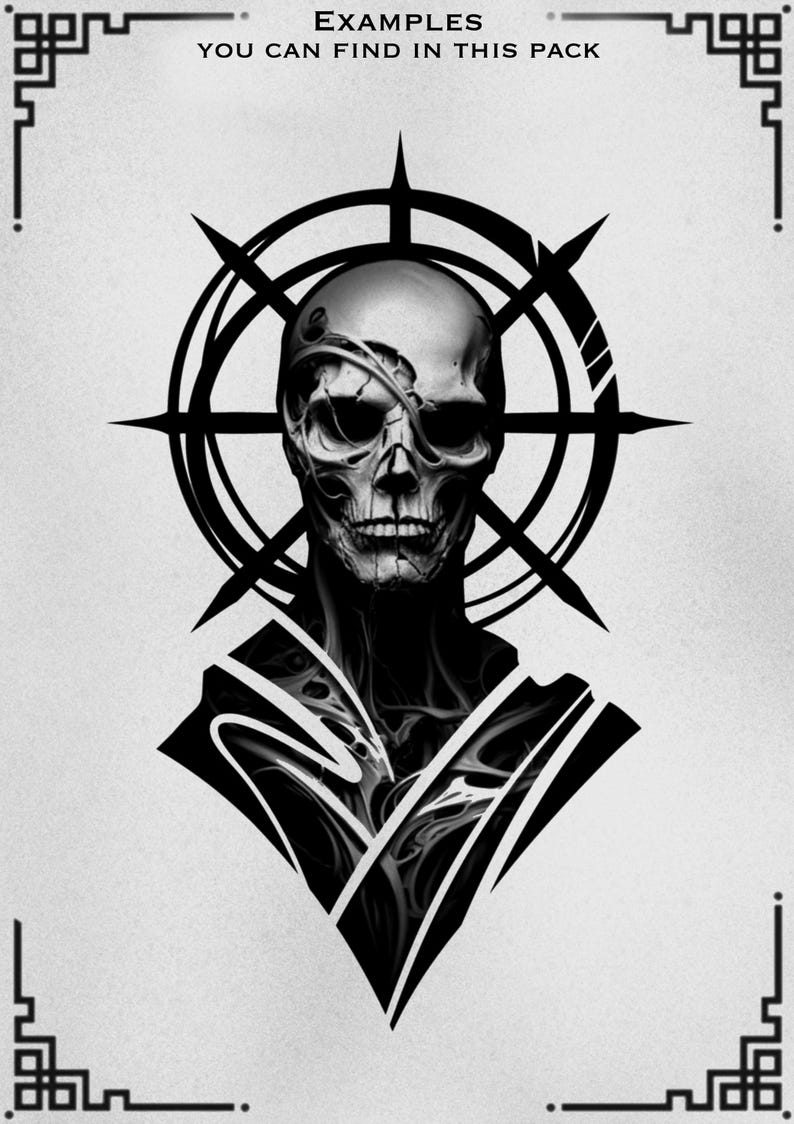 May include: Black and white illustration of a skull with a detailed design. The skull is centered, surrounded by a circular design with spikes, and set against a light background. The text "EXAMPLES YOU CAN FIND IN THIS PACK" is at the top.