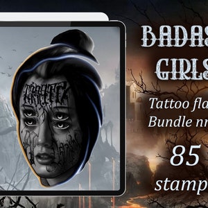 May include: A digital illustration of a woman's face with a black and white tattoo design. The tattoo design covers her entire face and includes the words "BADASS GIRLS". The image is on a white tablet screen with a dark background. The text "Tattoo flash Bundle nr. 3 85 stamps" is visible on the right side of the image.