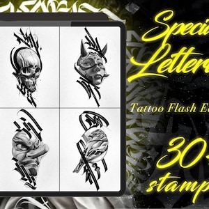30+ Special Realism Tattoo Flash Bundle | Procreate Stamps | Lettering & New School Tattoo Designs | Unique  Customizable Stencils
