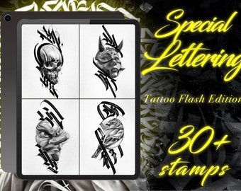 30+ Realism Tattoo Flash Procreate Stamps: Lettering & New School Designs