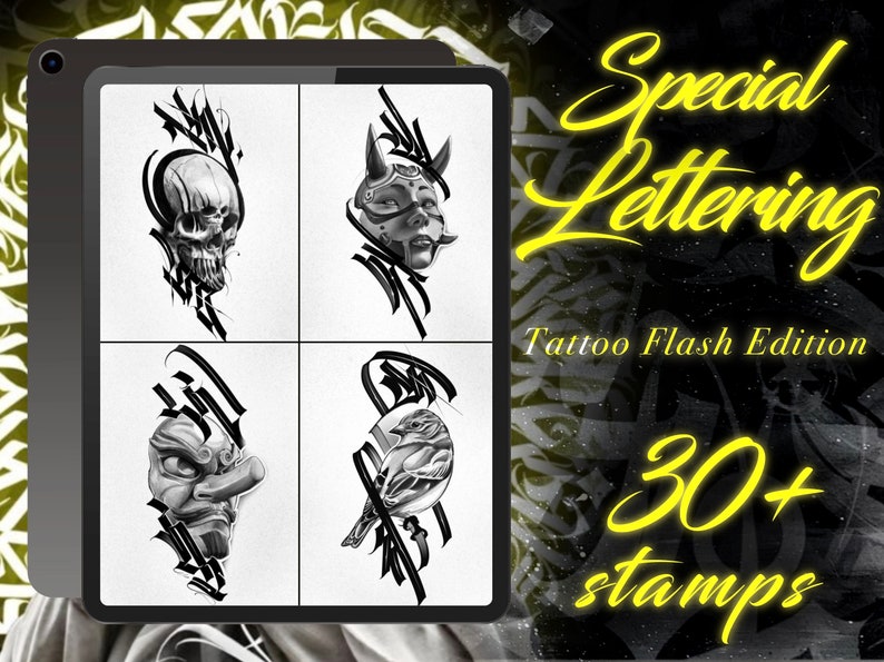 30+ Realism Tattoo Flash Procreate Stamps: Lettering & New School Designs image 1