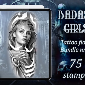 BADASS GIRLS TATTOO flash bundle 2 | 75 Procreate Tattoo Stamps | Bold Customizable Designs