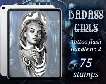 Może przedstawiać: Cyfrowa ilustracja kobiety z długimi włosami, noszącej naszyjnik i bransoletkę, na ciemnym tle. Tekst "BADASS GIRLS Tattoo flash Bundle nr. 2 75 stamps" jest widoczny na obrazie.