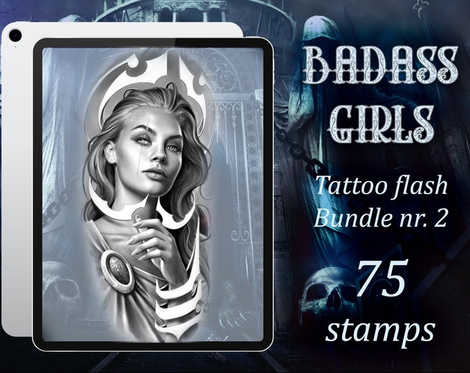 Badass Girls 2 | Procreate tattoo flash bundle | Tattoo stencil | Brushset | Tattoo flash | Tattoo design