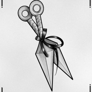 May include: A black and white illustration of a throwing knife with a ribbon tied around it. The knife has a diamond-shaped blade and two circular handles.