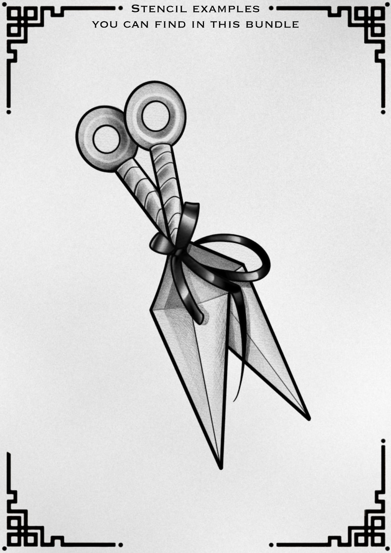 May include: A black and white illustration of a throwing knife with a ribbon tied around it. The knife has a diamond-shaped blade and two circular handles.