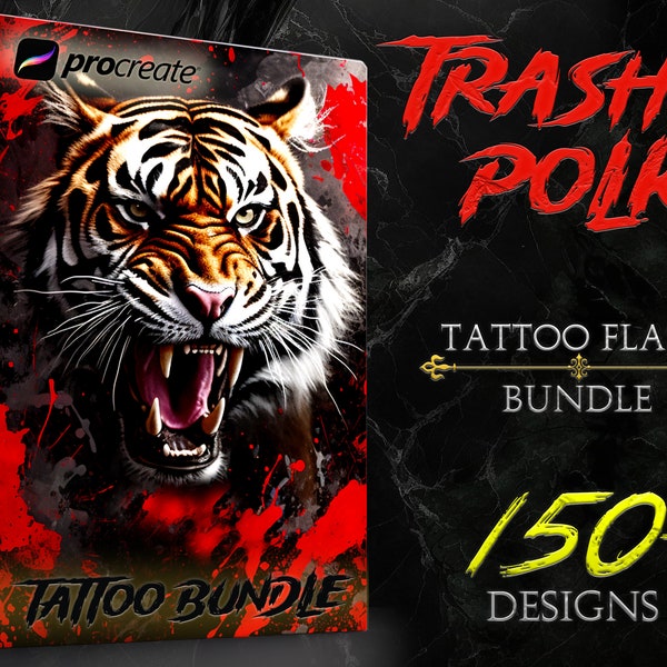 Procreate Trash Polka Tattoo Flash Bundle | Tattoo zeugen | Procreate-Stempel | Tattoo-Blitz | Tattoo-Schablone | Tattoo-Design