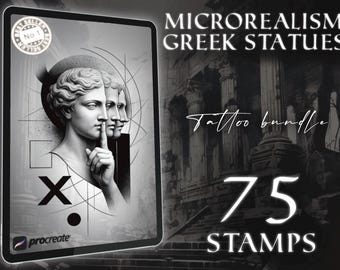 Greek Statue Tattoo Stamps for Procreate | 75 Micro Realism Flash Designs | Fine Line Reference Pack | High-Res Digital Download