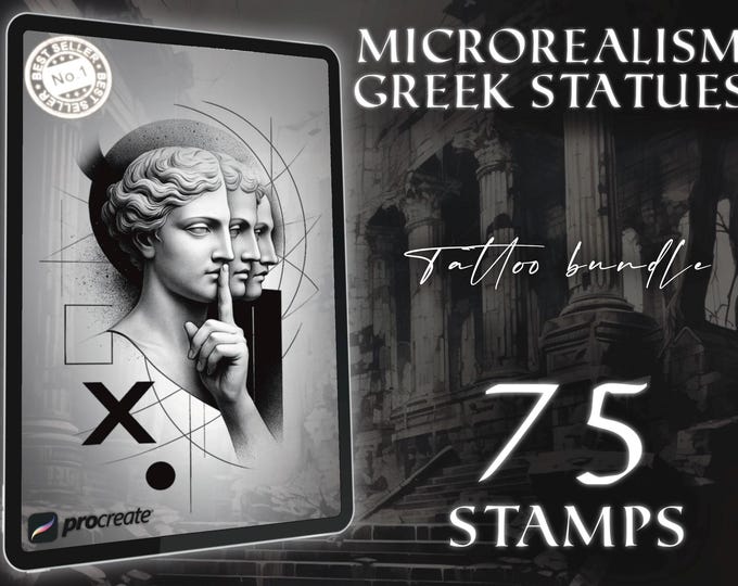75 Greek Statue Procreate Tattoo Stamps – Micro Realism Flash | Unique Designs | High-Res | Digital Download for Tattoo Artists