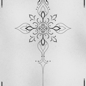 May include: A black and white line art stencil design of a stylized cross with intricate floral details. The design is symmetrical and features a central point with four arms extending outwards.