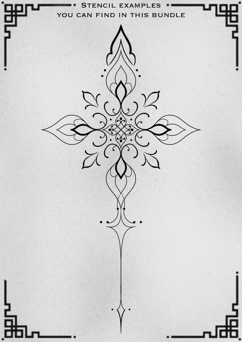 May include: A black and white line art stencil design of a stylized cross with intricate floral details. The design is symmetrical and features a central point with four arms extending outwards.