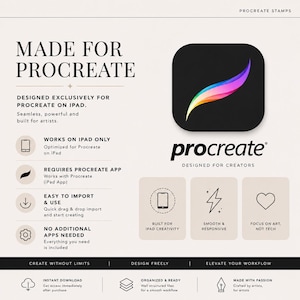 May include: A promotional graphic for Procreate, a digital art application. The design features the Procreate logo, a stylized brushstroke in a rainbow of colors, and text highlighting features like iPad compatibility and ease of use. The phrase "Made for Procreate" is prominently displayed.