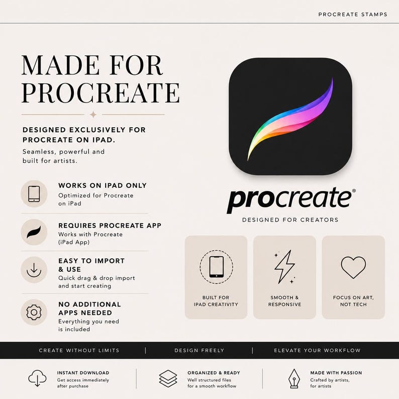 May include: A promotional graphic for Procreate, a digital art application. The design features the Procreate logo, a stylized brushstroke in a rainbow of colors, and text highlighting features like iPad compatibility and ease of use. The phrase "Made for Procreate" is prominently displayed.