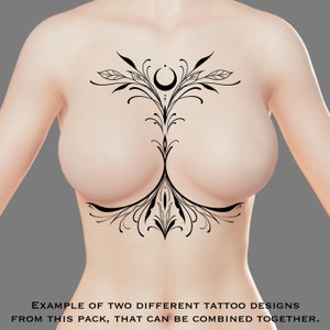 May include: A black line art tattoo design featuring a crescent moon and floral elements. The design is meant to be placed on the chest and is meant to be combined with another design.