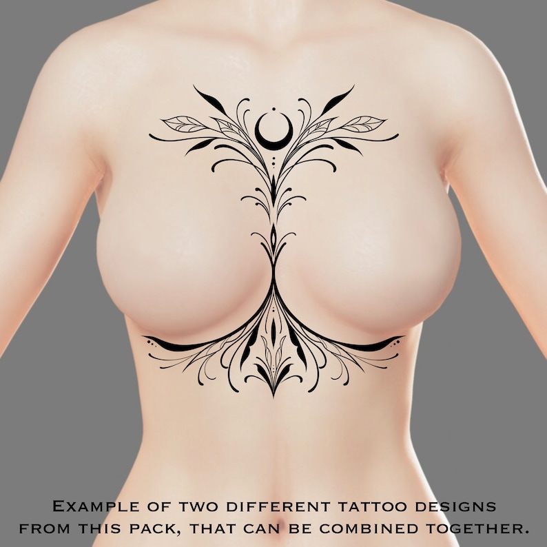 May include: A black line art tattoo design featuring a crescent moon and floral elements. The design is meant to be placed on the chest and is meant to be combined with another design.