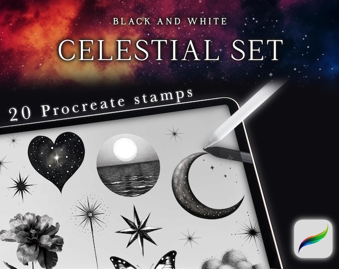 Celestial Tattoo Stamps for Procreate – 20 Moon & Star Flash Designs | Procreate tattoo | Tattoo design | Procreate brushes