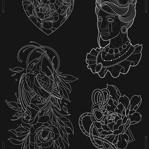 May include: Four black and white line art illustrations of a heart with flowers, a woman with a pearl necklace, a bird with flowers, and a flower with a tag. The text "Stencil Examples You Can Find In This Bundle" is at the top of the image.