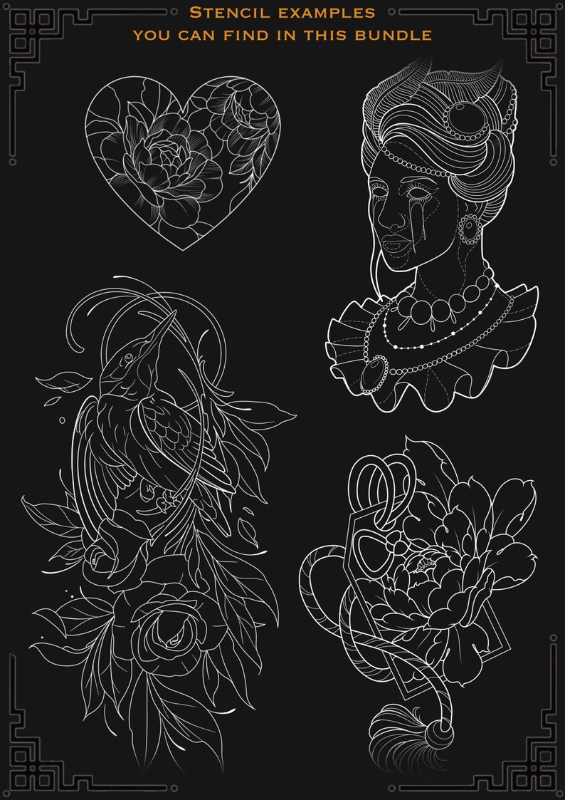 May include: Four black and white line art illustrations of a heart with flowers, a woman with a pearl necklace, a bird with flowers, and a flower with a tag. The text "Stencil Examples You Can Find In This Bundle" is at the top of the image.
