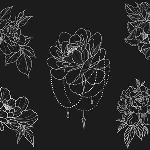 May include: Five white line drawings of peonies on a black background. The peonies are drawn in a detailed style with intricate petals and leaves. Some of the peonies have a chain of beads and a pendant hanging from them.