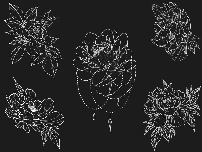 May include: Five white line drawings of peonies on a black background. The peonies are drawn in a detailed style with intricate petals and leaves. Some of the peonies have a chain of beads and a pendant hanging from them.