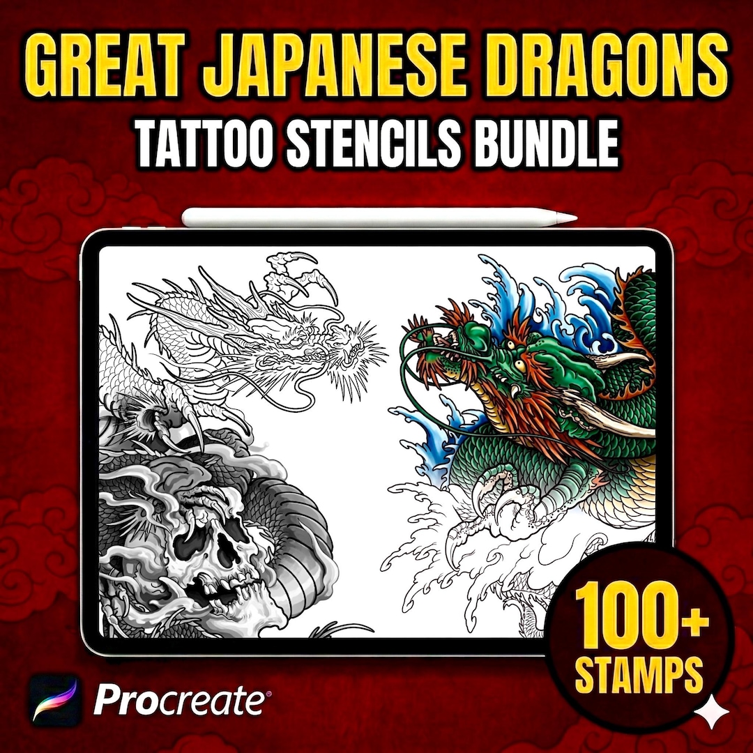 100+ Japanese Dragon Procreate Stamps | Tattoo Stencils Flash Bundle ...