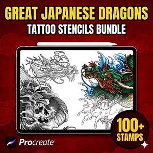 Plus de 100 tampons Procreate Dragons Japonais | Pack de pochoirs de tatouage | Ensemble de pinceaux Irezumi | Haute résolution | Dessins au trait à la main pour iPad