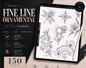 150 Fine Line Tattoo Stamps for Procreate | Ornamental Women Tattoo Designs | Hand Drawn Tattoo Stencils Bundle
