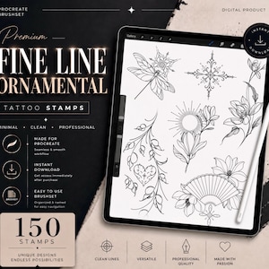 Puede incluir: Anuncio de un conjunto de pinceles Procreate con sellos de tatuajes ornamentales de línea fina. La imagen muestra una tableta que muestra varios diseños, incluyendo patrones florales y geométricos. El texto dice "Premium Fine Line Ornamental Tattoo Stamps".