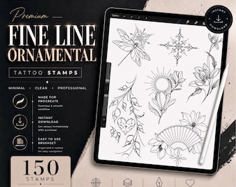 150 Fine Line Tattoo Stamps for Procreate | Ornamental Women Tattoo Designs | Hand Drawn Tattoo Stencils Bundle