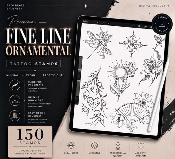 150 Fine Line Tattoo Stamps for Procreate | Ornamental Women Tattoo Designs | Hand Drawn Tattoo Stencils Bundle