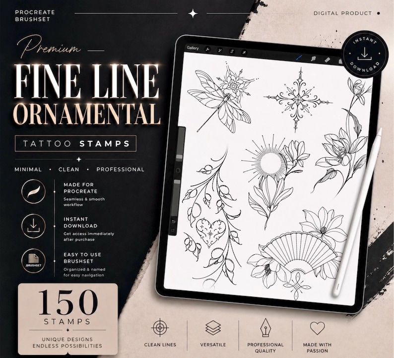 May include: A digital product advertisement for a Procreate brushset. The image shows a tablet displaying fine line ornamental tattoo stamps. The design includes floral, insect, and geometric patterns. The text reads "Premium Fine Line Ornamental Tattoo Stamps".