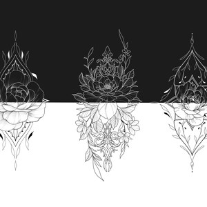 May include: Three black and white line drawings of floral designs with intricate details. Each design features a large flower with smaller flowers and leaves surrounding it.