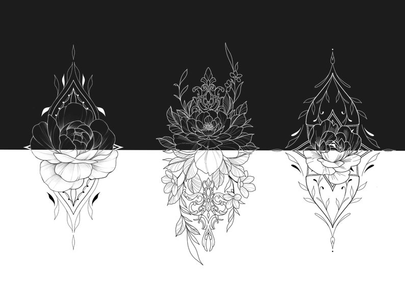 May include: Three black and white line drawings of floral designs with intricate details. Each design features a large flower with smaller flowers and leaves surrounding it.